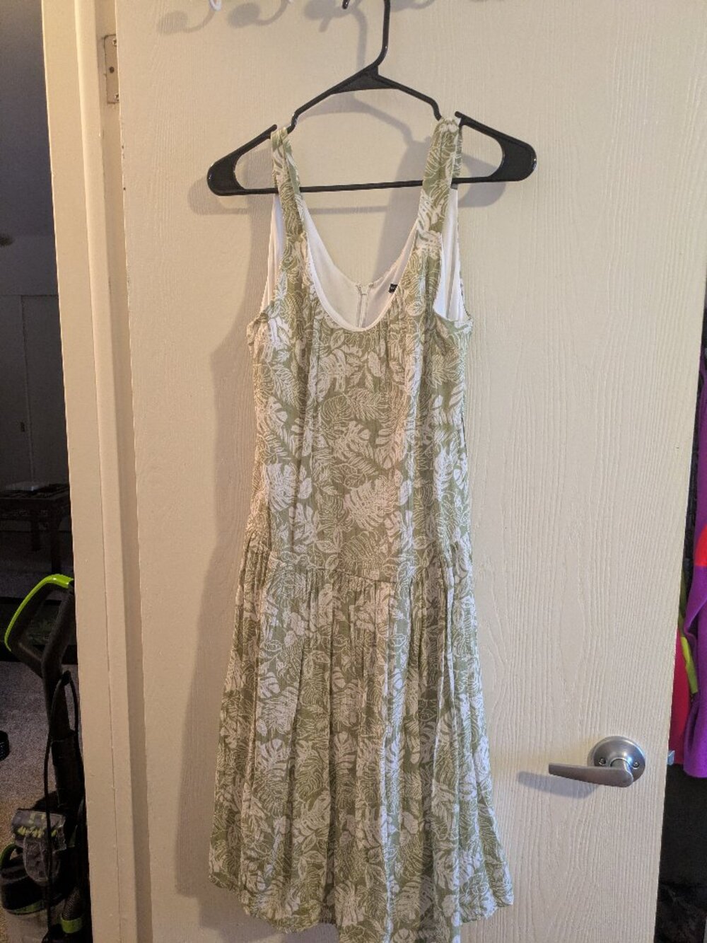Robert Louis Tropical Monstera Green White Sleeveless Sun Dress Size Small